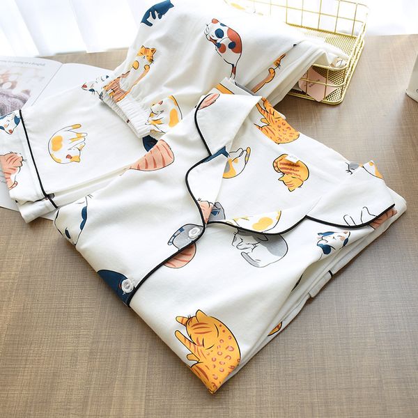 

Women's Sleepwear 100% Cotton Pajamas For Women Cute Cat Print Cartoon Home Clothes 2Pcs Set Female Tops+Pants Nighties Pijama Suit T649, Black;red