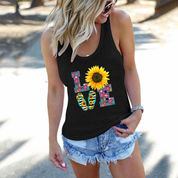 

women's tanks & camis vintage love sunflower print women tank sleeveless round neck vest for summer clothes loose ladies femme 2021, White