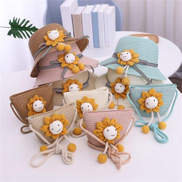 

caps & hats 2-8y girls cartoon smile sunshade hat children's smiling fisherman sun protection visor straw hat+straw bag, Yellow
