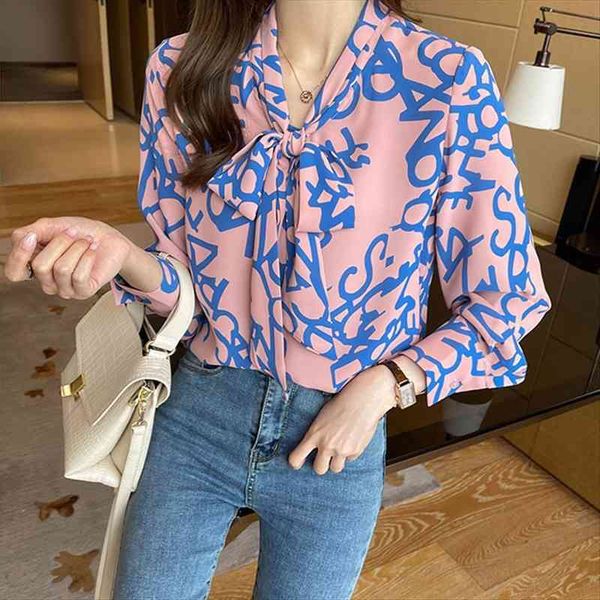 

spring fashion chiffon long sleeve women blouses clothing lace v neck print shirts casual temperament ladies loose, White