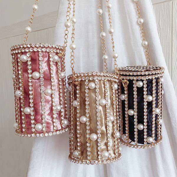 

pearl rhinestone evening clutch bags luxury designer women hollow metal cage party purse small chain bucket shoulder bag zd1790