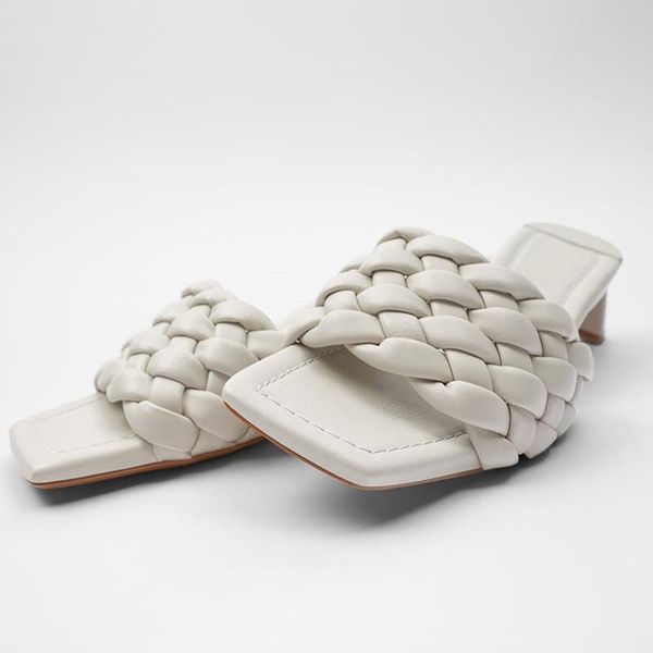 

stylish coarse heels wearing sandals with a hundred braided square head high heel girl, Black