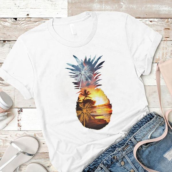 

pineapple beach printed womens short sleeve tee clothes graphic, White