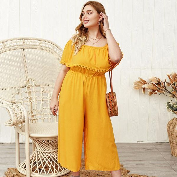 

women's jumpsuits & rompers short-sleeved high waist jumpsuit solid yellow oversized slash neck loose summer women calf-length pants 4x, Black;white