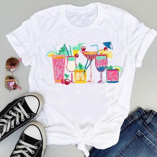 

beach watercolor happy 90s drink women t shirt cartoon short sleeve graphic summer fashion print female clothes tees, White