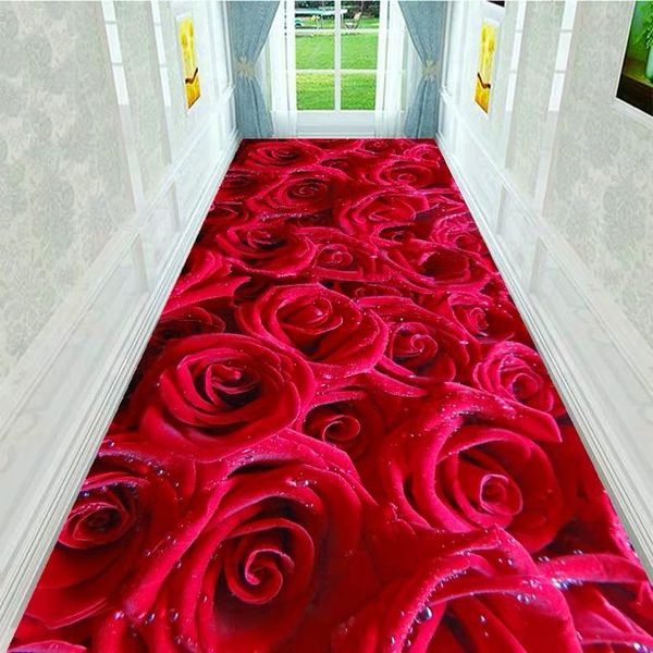 Carpets Creative 3d Red Rose Rose Caminho Caminho Carpet Adorável Lobby de Impressão de Flores/Escadas/Passagem/Entrada