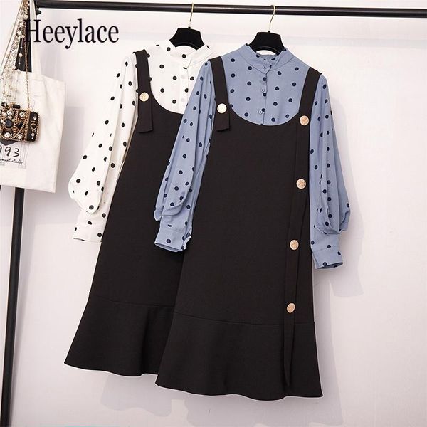 

women's tracksuits plus size autumn women two piece set korean office ladies full sleeve polka dot blouse and spaghetti straps dress se, Gray