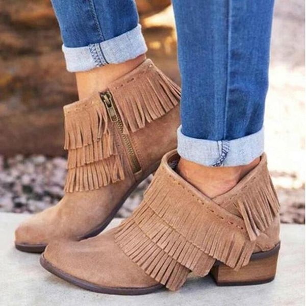

boots women ankle mid heels autumn pumps tassels deco matin shoes plus size gladiator booties woman mujer zapatos d1638, Black