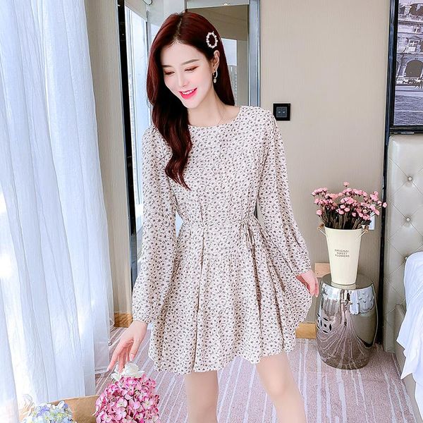 

casual dresses women dress autumn 2022 office lady korea style long sleeve floral print chiffon high waist v-neck robe, Black;gray