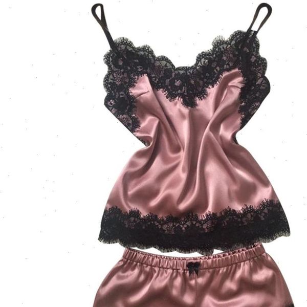 

satin set black lace womens sleepwears v neck pyjamas sleeveless cute cami and shorts pijama mujer algodon veran, Black;red