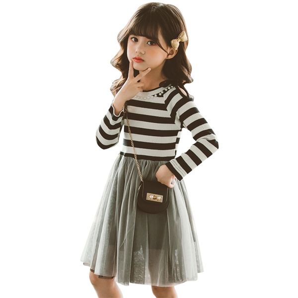 

kids dresses for girls striped party dress long sleeve children mesh pearls costume 6 8 10 12 14 210528, Red;yellow