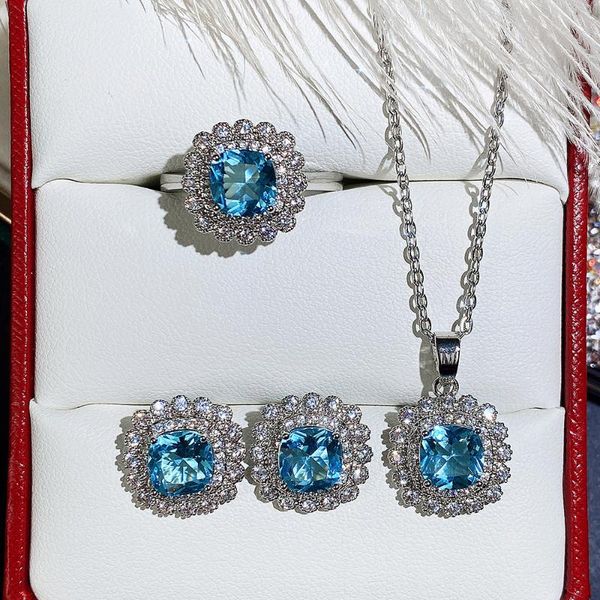 

earrings & necklace quality fashion blue colorful cz with rhinestone flower pendant stud ring sets jewelry for women, Silver