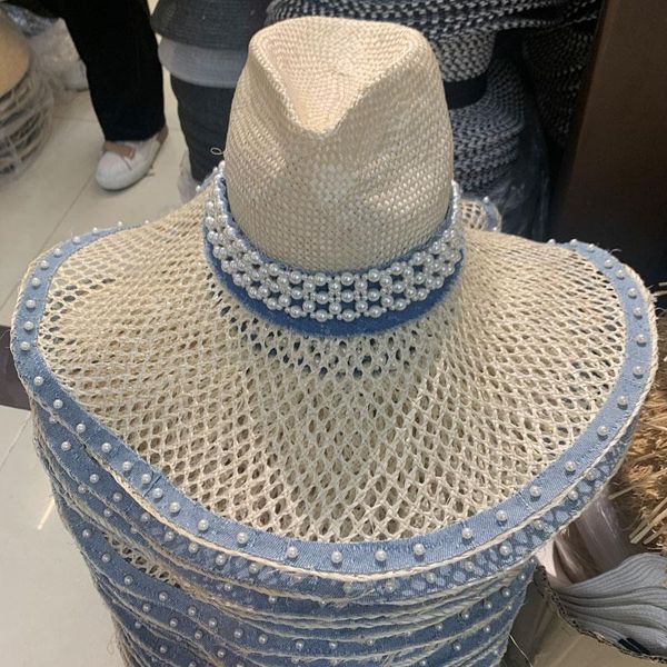 

wide brim hats fashion custom hollow out cowboy for women men weaving denim pearl ribbon lady panama sun casual holiday summer beach hat, Blue;gray