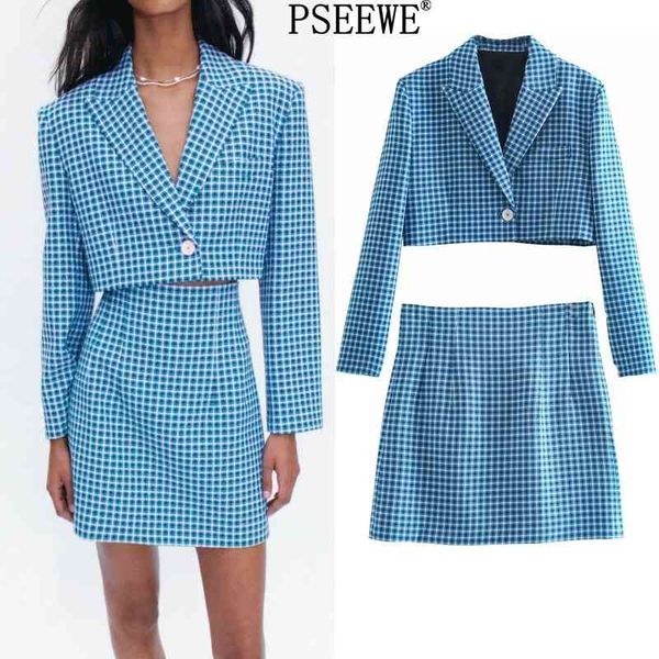 

summer suit za 2 piece set women sets blue plaid cropped blazer suits elegant office casual high waist mini skirt female 210708, White