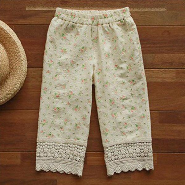 

clothing sets soft breathable girls pants linen cotton floral toddler legging casual children lace, White