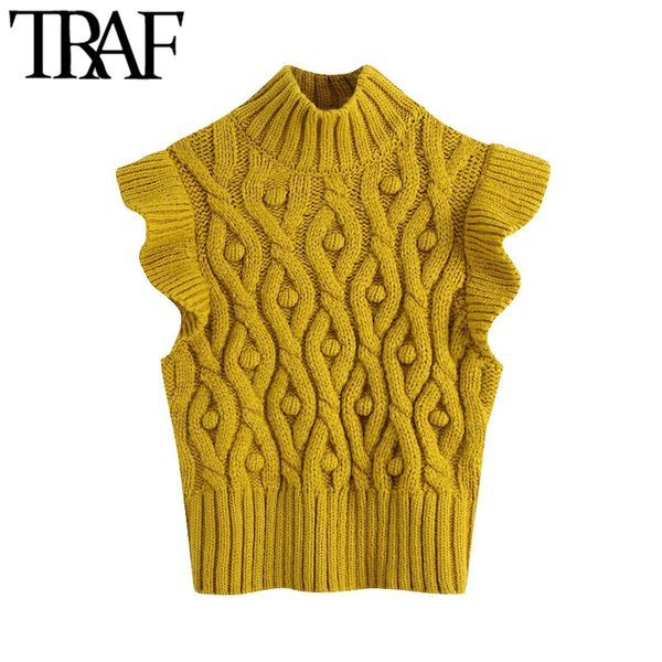 

traf women fashion with pompoms ruffled knitted vest sweater vintage high neck sleeveless female waistcoat chic 210415, White