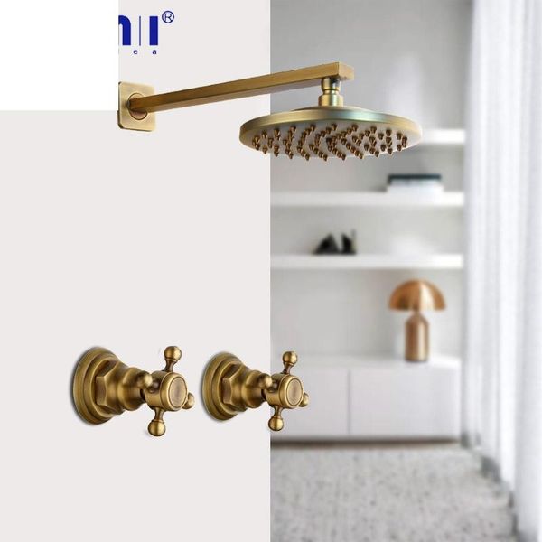 

inch antique brass round wall mounted bathroom rainfall shower faucet set head 2 handles black orb sets