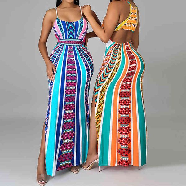 Backless longo vestidos de verão para mulheres slit boho vestido de praia sexy bohemian maxi vestido mulher noite noite 210521