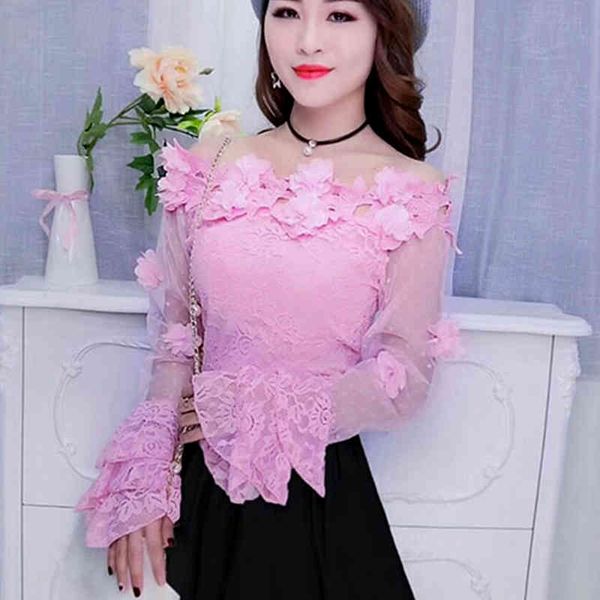 

flower off shoulder round neck mesh long sleeve slim fit ladies red lace base shirt women's large sizes ruffle 210f 210420, White