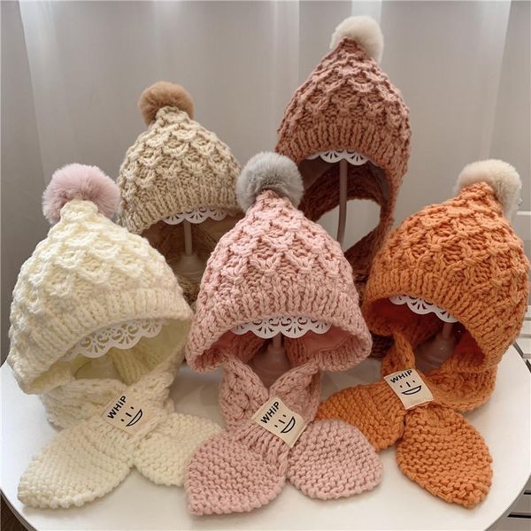 

caps & hats imcute children warm knitted hat with scarf, cute girls fuzzy ball stretchy cap for autumn, winter, Yellow