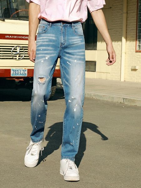 

men ink dots ripped jeans 82rn#, Blue
