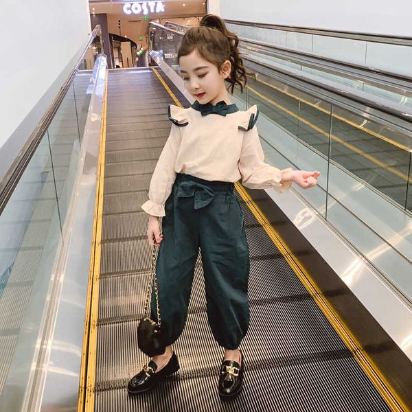 

teenage girls ruffles long sleeve cotton and pants for kids fashion street outfit big children fall clothing set 210529, White