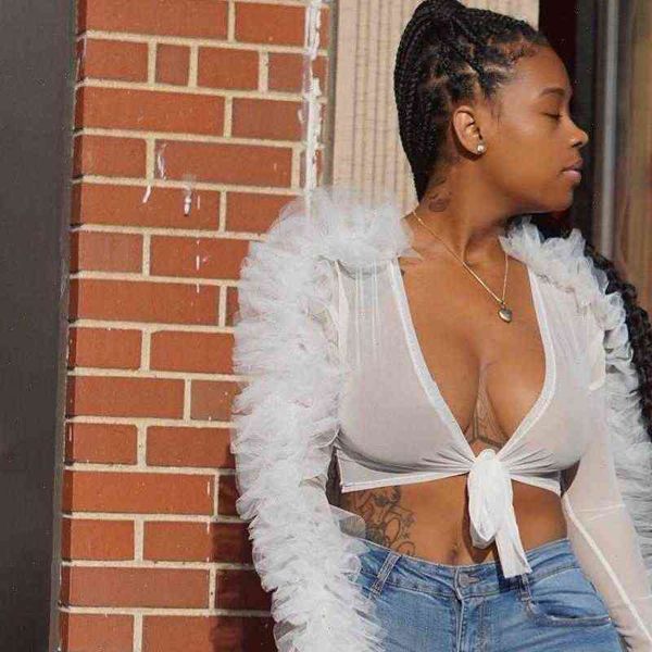 

mesh sheer fashion ruffle womens blouses long sleeve lace up v neck crop club see through top, White