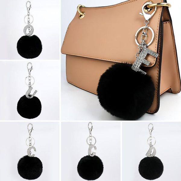 

keychains 26 letters pompon fur ball keychain creative small gift pendant black key ring alloy rhinestone alphabet chain, Silver