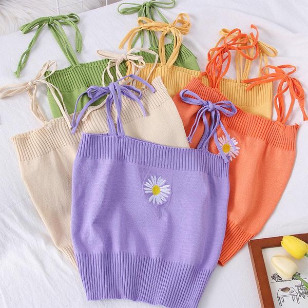 

women's tanks & camis women knitted crop with flower female spaghetti straps ribbed harajuku cute for 2021 summer, White