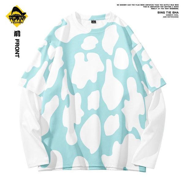 

men's t-shirts hip hop long sleeve fake two piece t-shirt men light blue print clothing fashion clothes oversized, White;black