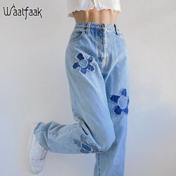 

women's jeans waatfaak floral patchwork pockets mom women high waist vintage baggy straight leg harajuku cargo pants y2k street, Blue