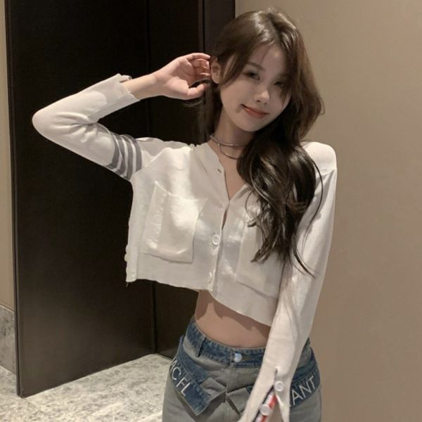 

white short exposed navel with striped sunscreen cardigan for women 2021 summer thin hooded sweater small coat