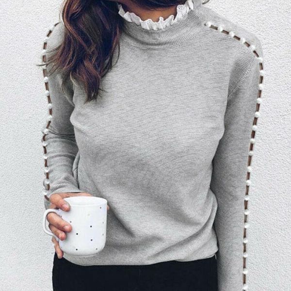 

female high collar shirts solid color long sleeves wear women autumn winter warm casual shirt fashion hollow blouses women's &, White