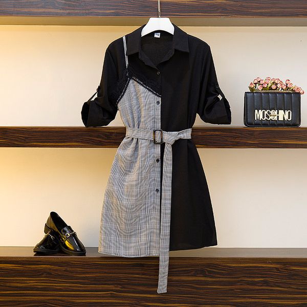 

casual dresses l-4xl elegant shirt plus size women summer lace patchwork plaid mini british vintage with belt a344 oz6u, Black;gray