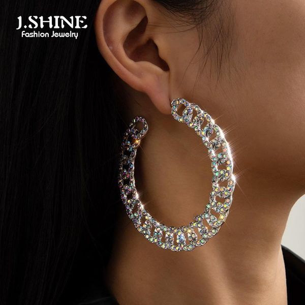 

hoop & huggie jshine luxury big crystal earrings for women iced out rhinestone round curb chain statement earring gift ear accessories, Golden;silver