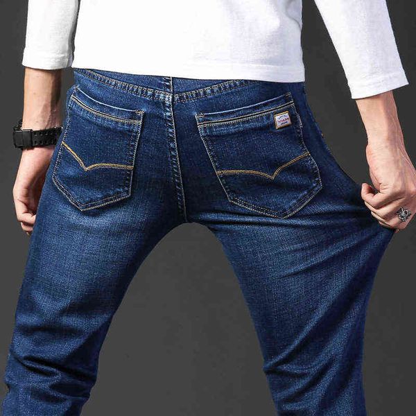 

men's jeans autumn and winter jeans straight slim fit busins elastic casual youth trend men's pants, Blue