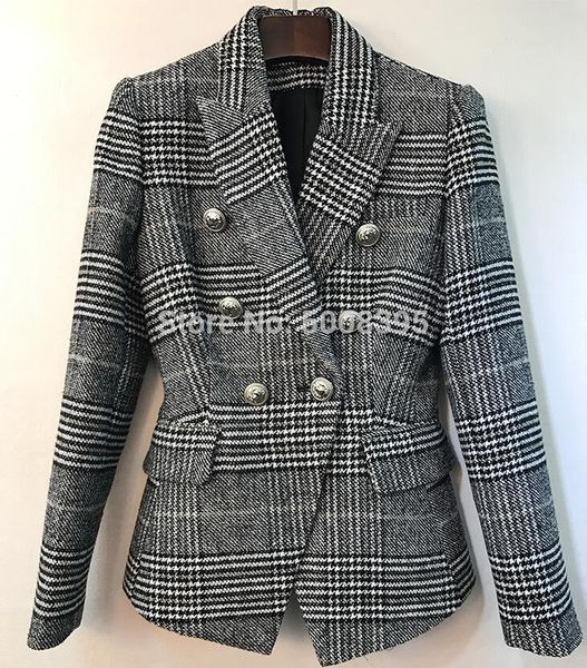 

women's suits & blazers [7evening] - black white grey houndstooth plaid blazer double breasted silver button up patch pockets pe, White;black