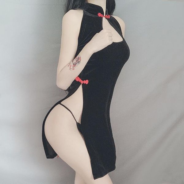 

womens sleepwears chinese style backless bandage shirt sleeve halter nightgowns qipao vintage seductive cheongsam dress uniform, Black;red