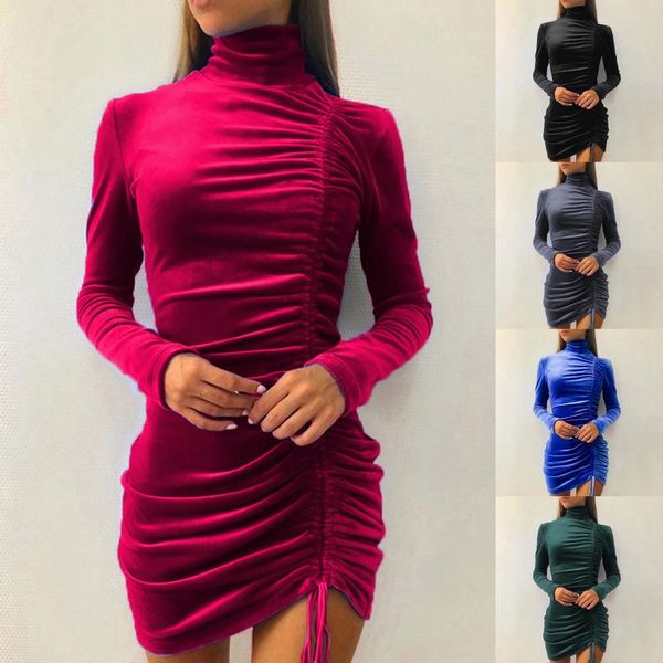 

casual dresses turtleneck blue velvet long sleeve drawstring ruched winter dress women elegant party mini bodycon, Black;gray