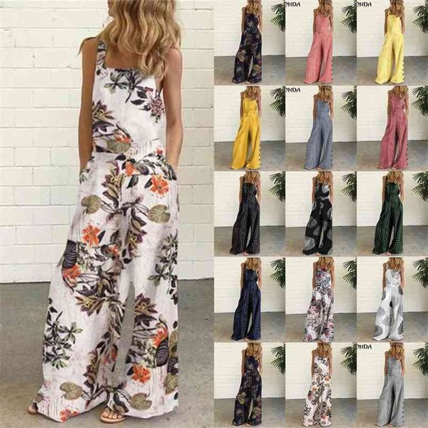 

casual cotton and linen printed button trim suspenders jumpsuit loose sleeveless square collar pockets long rompers women 210517, Black;white