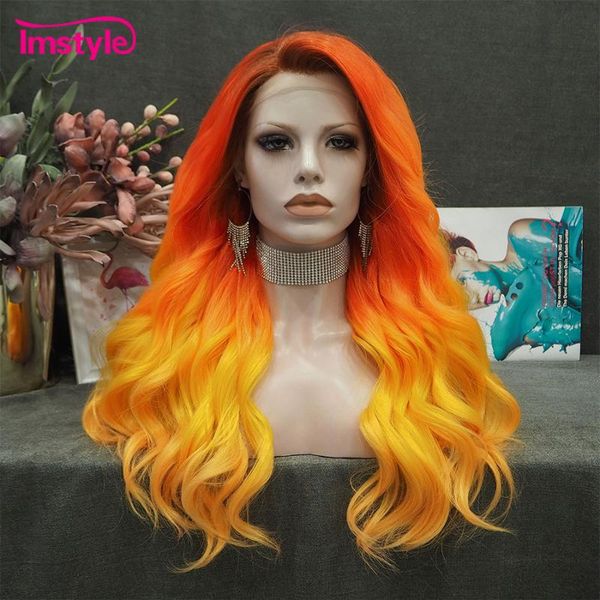 

synthetic wigs imstyle ombre orange wig wavy lace front two tone heat resistant fiber for women cosplay, Black