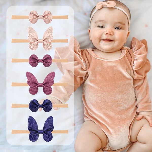 

litchi pu butterfly baby headbands soft nylon elastic leather hair accessories for toddlers hairbands born infants, Slivery;white