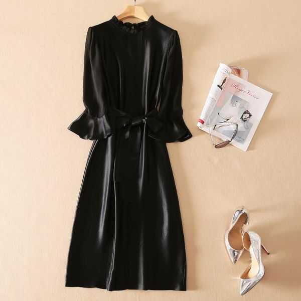 

casual dresses long sleeve runway satins prom dress lady stand collar flare straigth tied waist mejur vestido, Black;gray