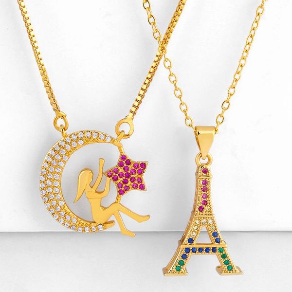 

fashion rainbow jewelry butterfly pendant necklace colorful cubic zirconia women cz moon/star/love colar wholesale necklaces, Silver