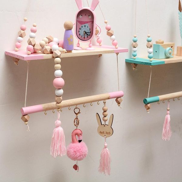 

hooks & rails nordic children room decorative storage rack double wooden bead tassels shelves wall rope hanging shelf home hook kids coat