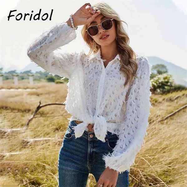 Foridol lanterna manga borla blusa branco tops Botão de mulheres para cima escritório transparente escritório casual blusa camisas primavera 210415