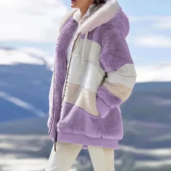 

women's wool & blends 2021 fashion winter women coat loose plush warm hooded jacket casual multicolor splicing zipper long sleeve ladie, Black