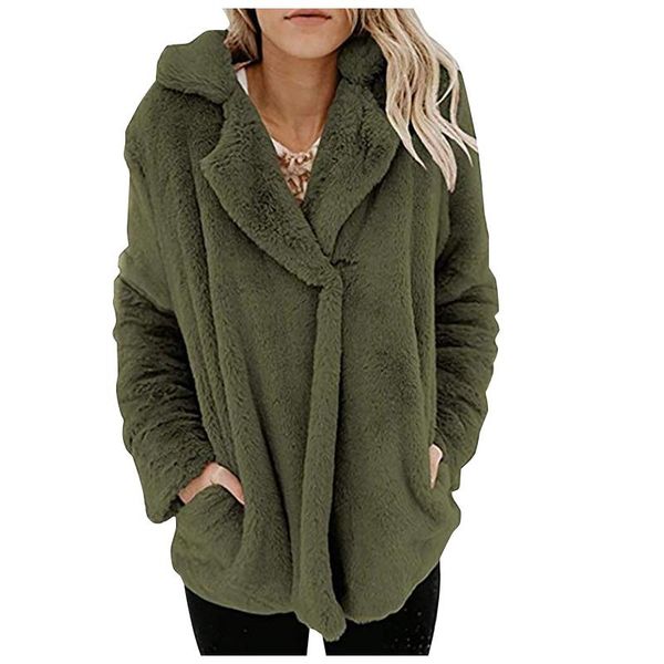 

women's fur & faux winter warm jackets for women long sleeve plush loose coats solid 2021 turn down collar cardigan with pockets, Black