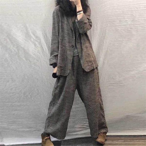

spring autumn women suit large size casual suits fashion art retro loose 2 piece set women suit blazer and pants linen set 211109, White