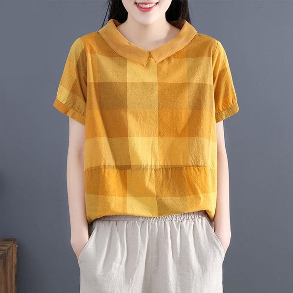 

summer arts style short sleeve womens shirts loose casual peter pan collar blouses cotton linen plaid vintage plus size m32, White